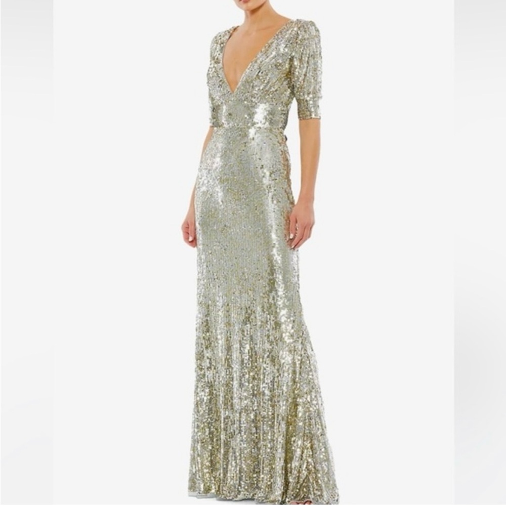 Mac Duggal silver gold tone Sequin Evening Gown